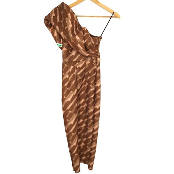 ASOS Design Dress Peekaboo Shoulder Tuck Pencil Midi Geo Print Brown Tan 0 NWOY - Picture 5 of 10